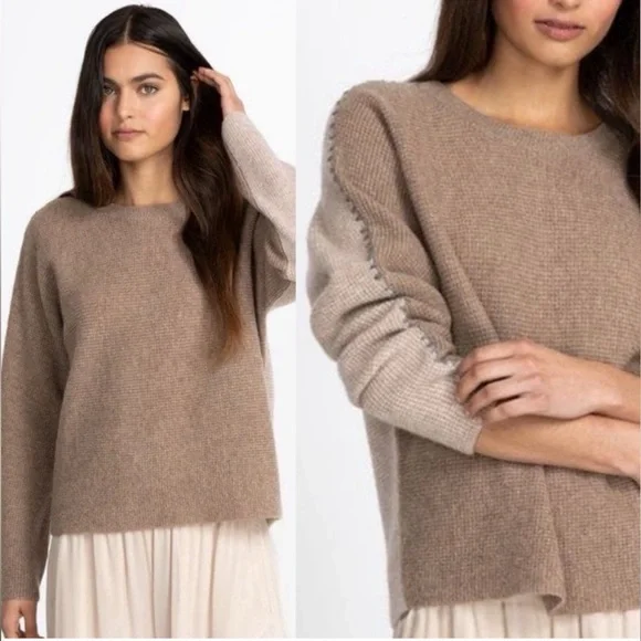 JOHNNY WAS CALME 100% Cashmere NEW Color Block Waffle Sweater Taupe Tan Size L